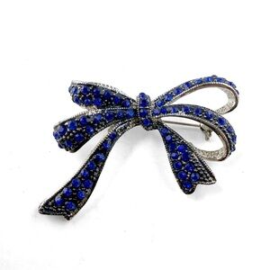 Ribbon Bow Blue Rhinestone Silvertone Brooch Pin